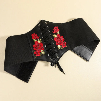 Black Leather Lace Up Elastic Corset Belt