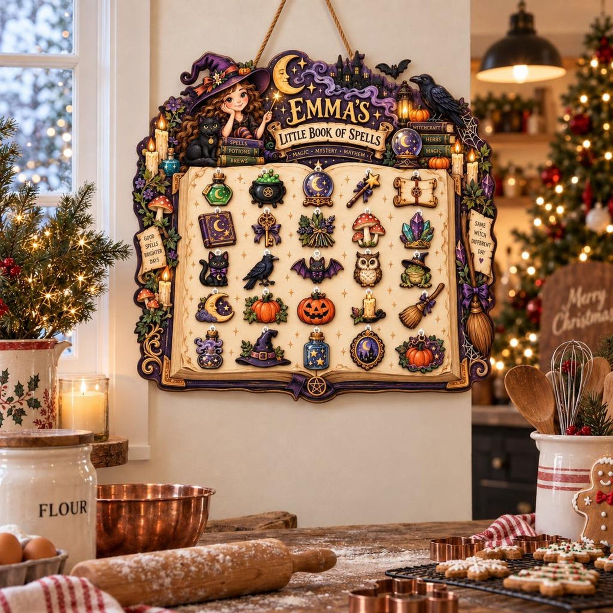 Personalized Wooden Halloween Advent Calendar: Hanging Witchy Charms
