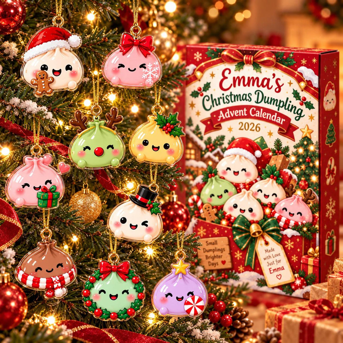 Personalized Christmas Dumpling Advent Calendar 2026, 24 Acrylic Dumpling Ornaments
