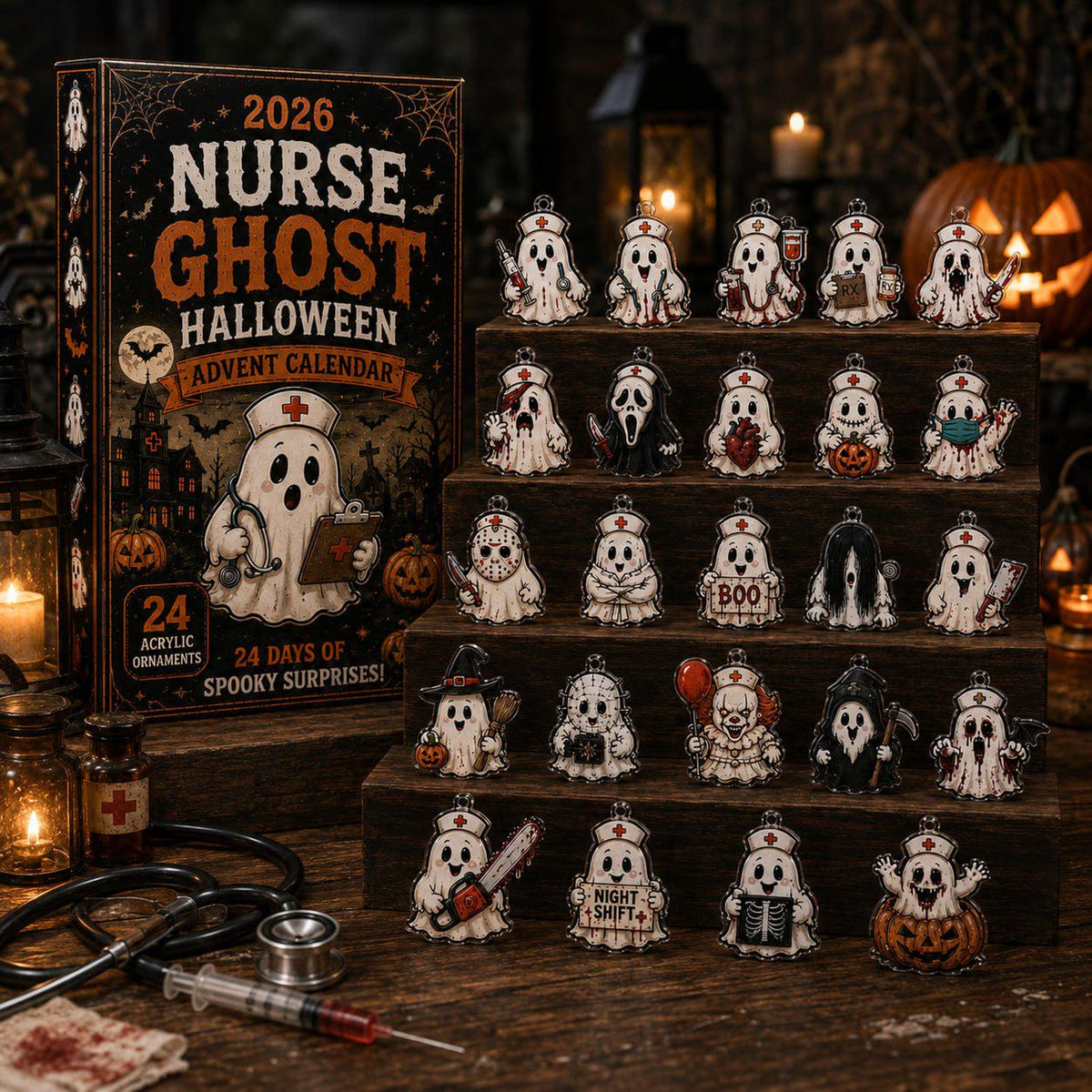 2026 Nurse Ghost Halloween Advent Calendar, 24 Spooky Surprise Acrylic Figurines, Medical Horror Collectible Holiday Gift