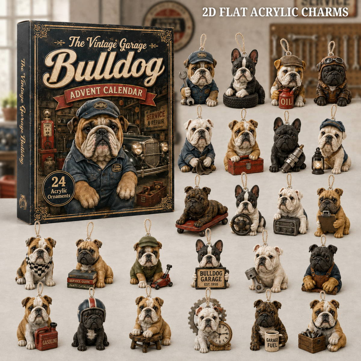 The Vintage Garage Bulldog Advent Calendar 2026 - 24-Day Festive Countdown, Acrylic Charms Blind Box - Gift For Bulldog Lovers