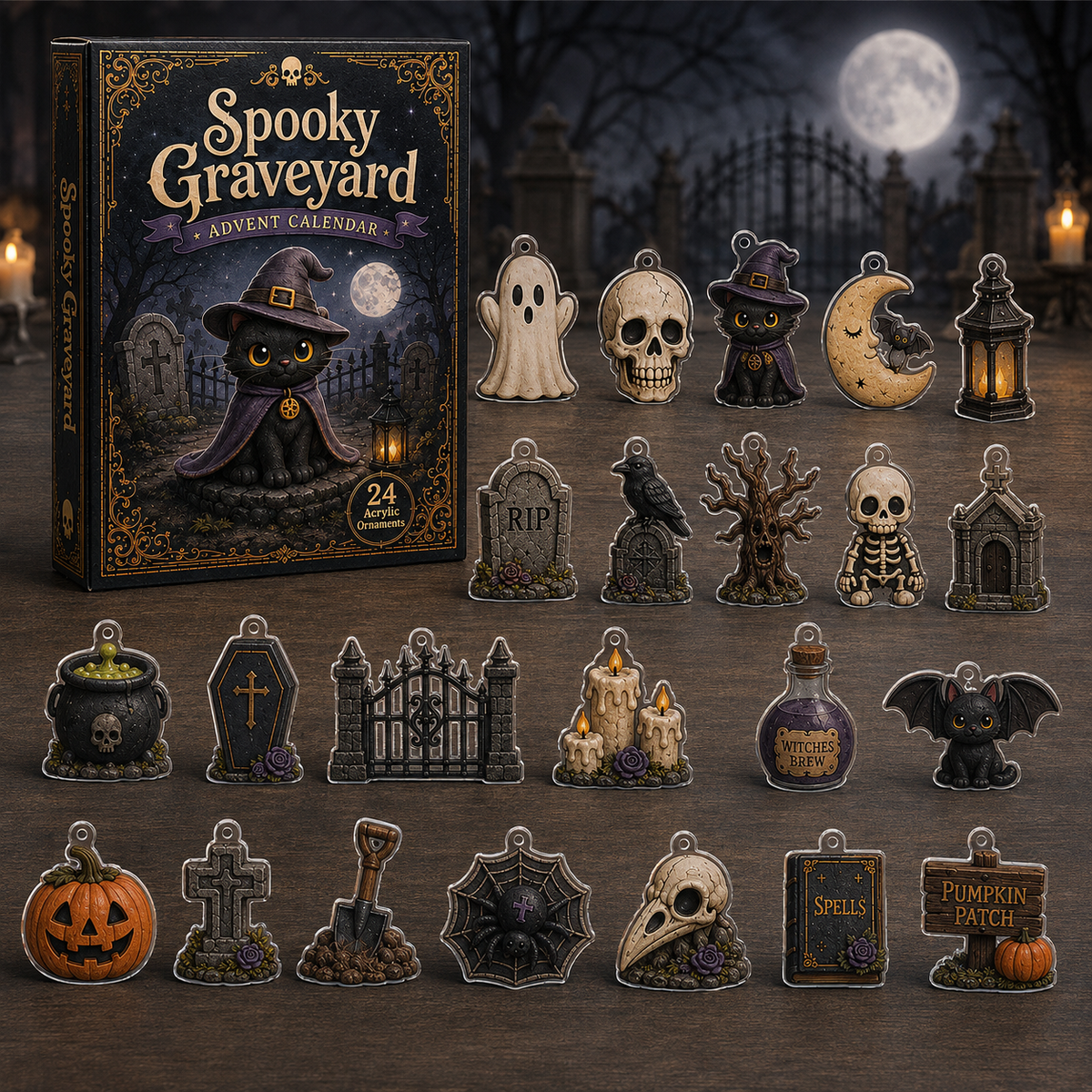 Spooky Graveyard Advent Calendar 2026 - 24-Day Festive Countdown, Acrylic Charms Blind Box - Gift For Halloween Lovers