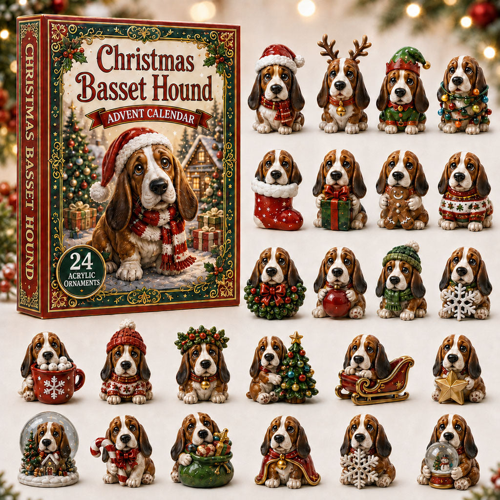 Christmas Basset Hound Advent Calendar 2026 - 24-Day Festive Countdown, Acrylic Charms Blind Box - Gift For Basset Hound Lovers