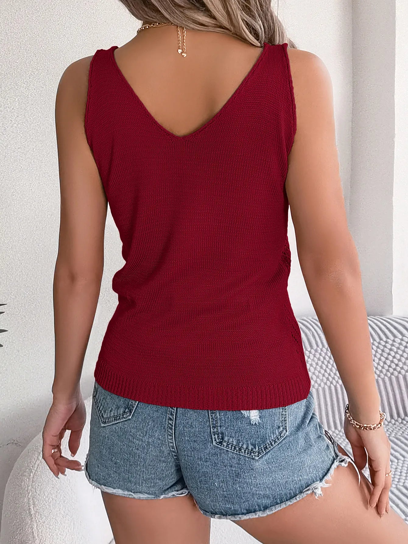 V-Neck Hollow Out Sleeveless Knit Vacation Tank Top