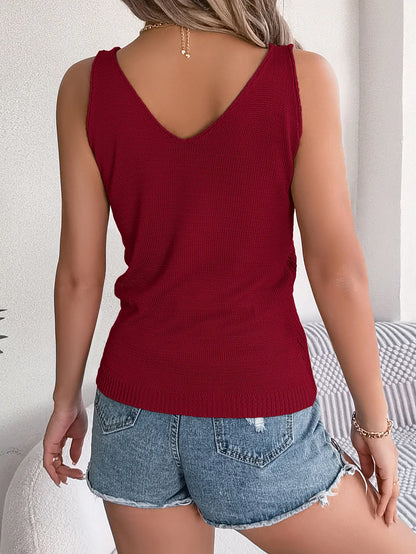 V-Neck Hollow Out Sleeveless Knit Vacation Tank Top
