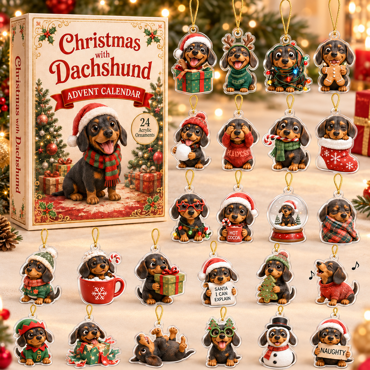 Christmas With Dachshund Advent Calendar 2026 - 24-Day Festive Countdown, Acrylic Charms Blind Box - Gift For Dachshund Lovers