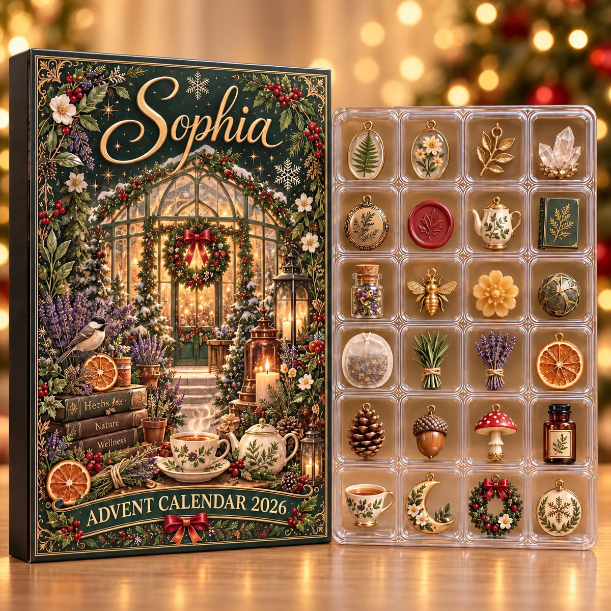 Personalized Herbal Greenhouse Advent Calendar 2026: Custom Name 24 Piece Botanical Charm Box