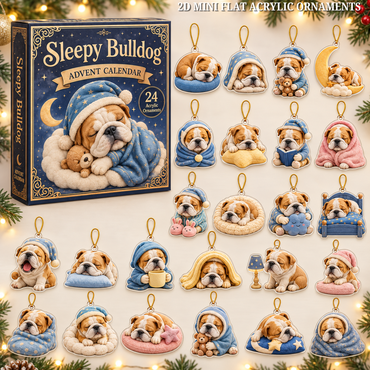 Sleepy Bulldog Advent Calendar 2026 - 24-Day Festive Countdown, Acrylic Charms Blind Box - Gift For Bulldog Lovers