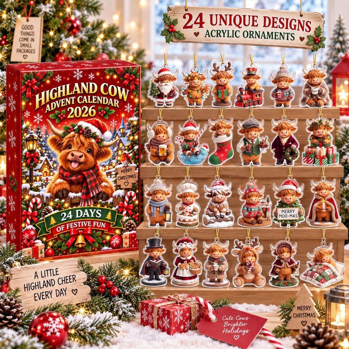 Highland Cow Advent Calendar 2026, 24 Days Christmas Countdown Blind Box, Farmhouse Decor, Christmas Set Gift for Kids, Cow Lover Gift