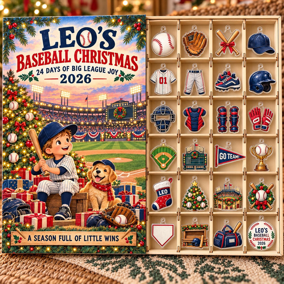 Personalized Baseball Advent Calendar 2026, Custom Baseball Christmas Countdown, 24 Day Acrylic Ornament Set, Baseball Player Gift