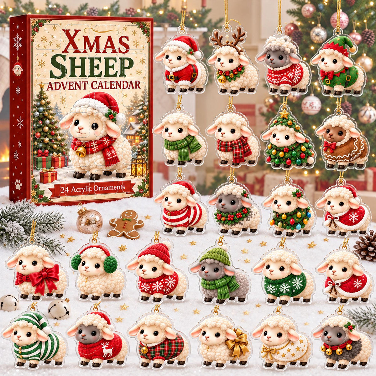 Custom Name Sheep Advent Calendar, Personalized Christmas Countdown with 24 Acrylic Ornaments, Gift for Kids & Family