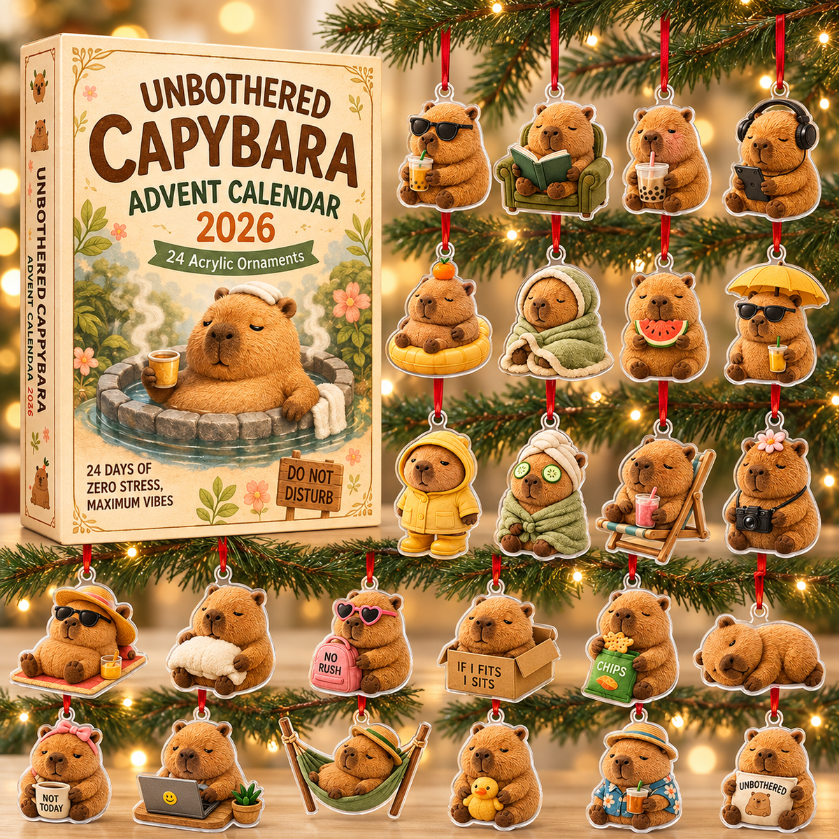Unbothered Capybara Advent Calendar 2026 - 24-Day Festive Countdown, Acrylic Charms Blind Box - Gift For Capybara Lovers