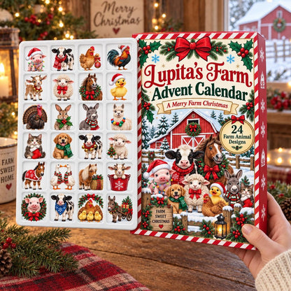 Farm Animal Advent Calendar: Personalized Christmas Countdown Box, Red Paper and Acrylic
