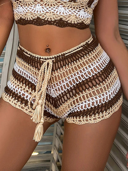 Multicolor Striped Boho Crochet Tassel Beach Shorts