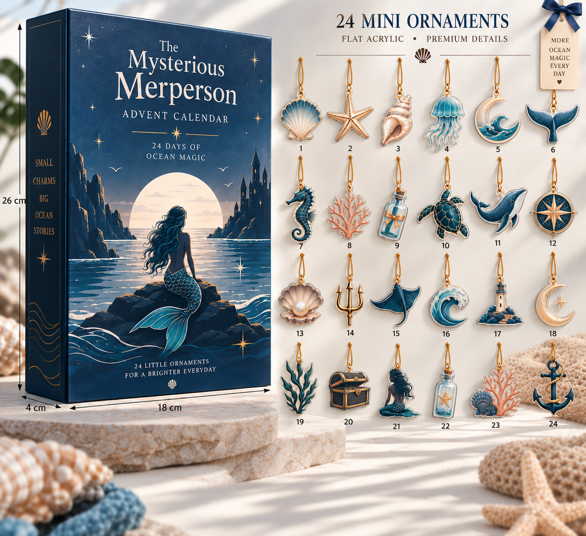 Mermaid Advent Calendar 2026 with 24 Mini Ocean Charms, Sea Life Acrylic Ornaments Christmas Countdown Calendar, Mermaid & Ocean Lover Gift