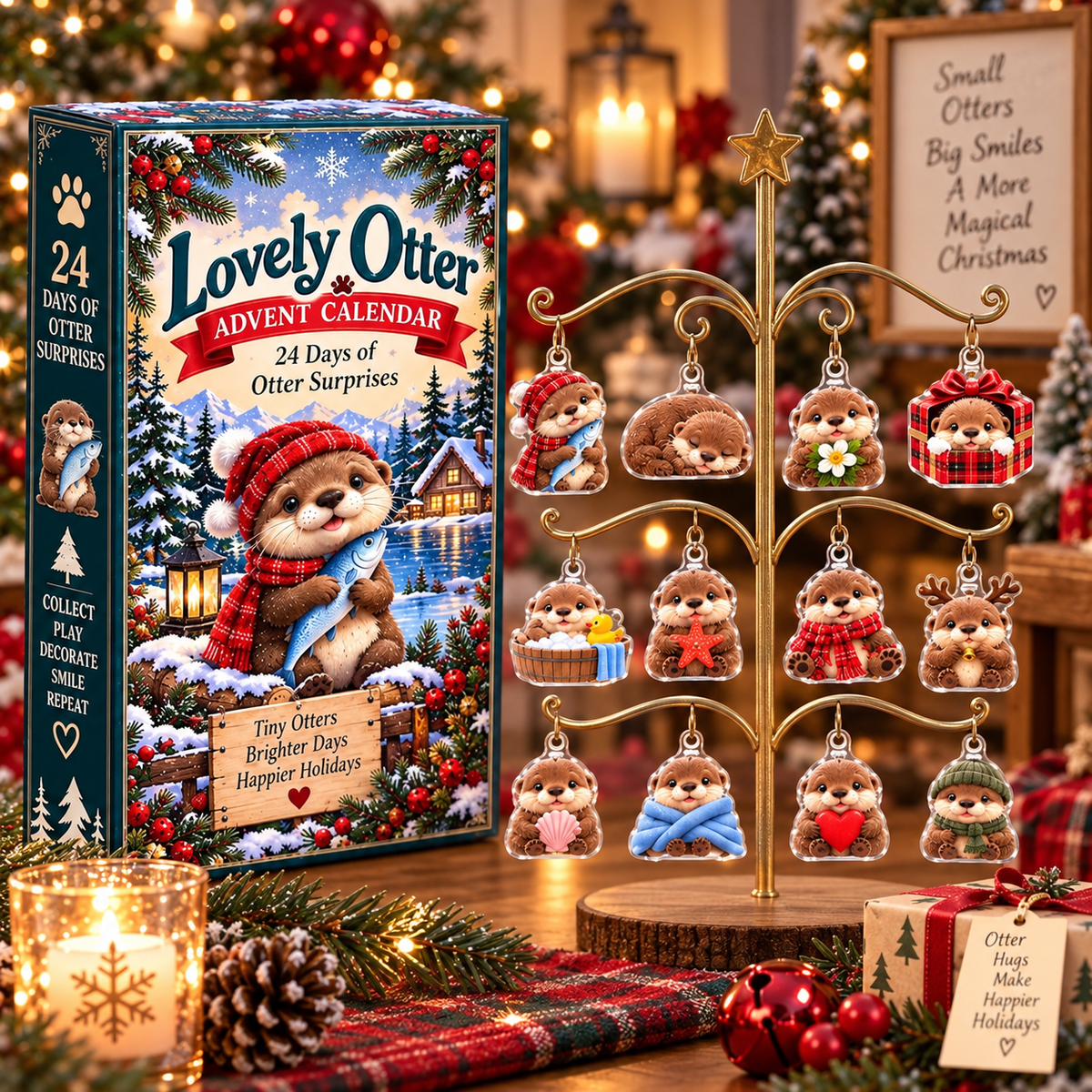 Lovely Otter Advent Calendar 24 Days of Surprises Acrylic Ornaments Christmas Countdown Box Cute Gift for Otter Lovers