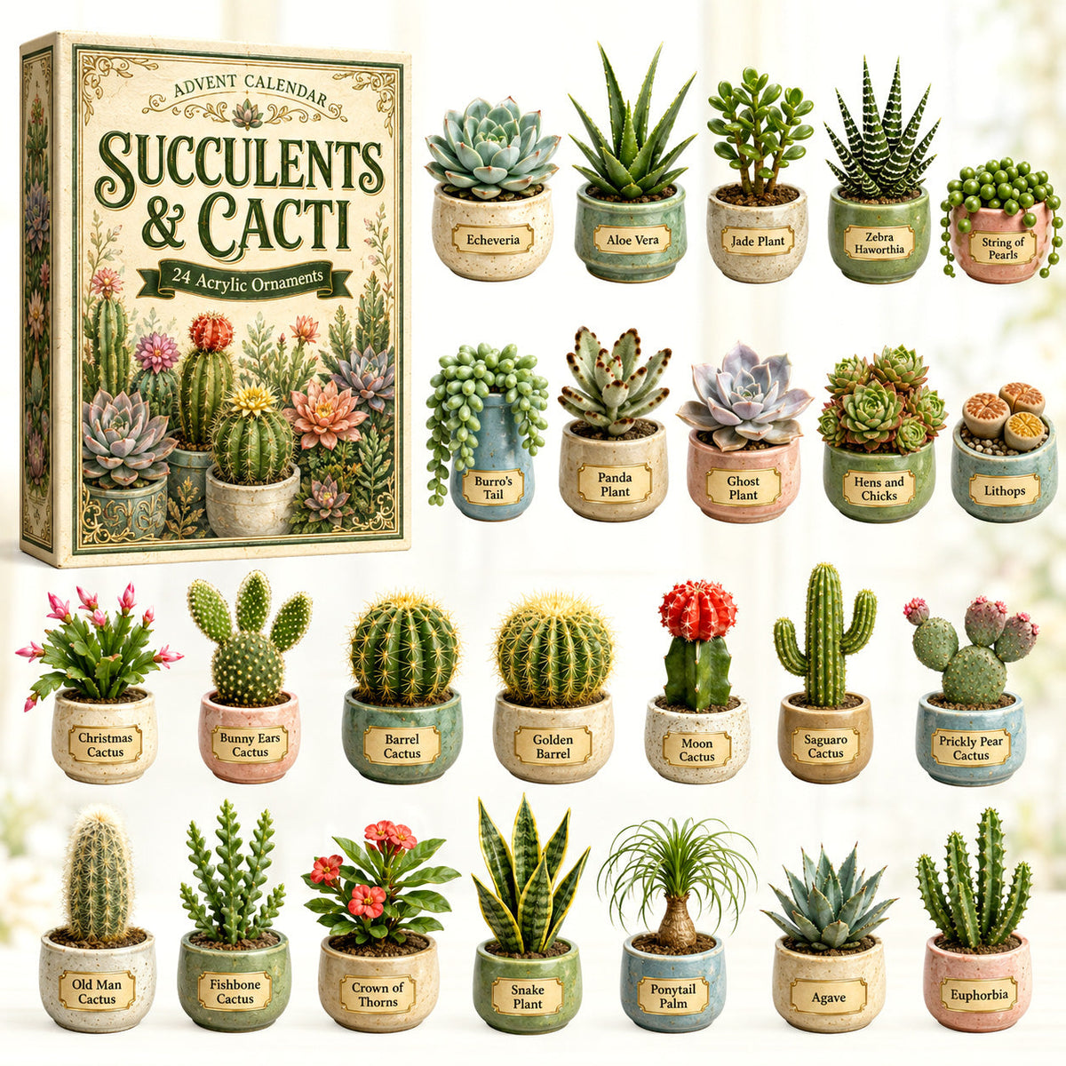 Succulents & Cacti Advent Calendar 2026 - 24-Day Festive Countdown, Acrylic Charms Blind Box - Gift For Nature Lovers