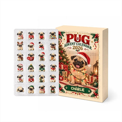Personalized Pug Advent Calendar 2026, 24 Acrylic Charms, Custom Dog Name, Pug Lover Keepsake Collection