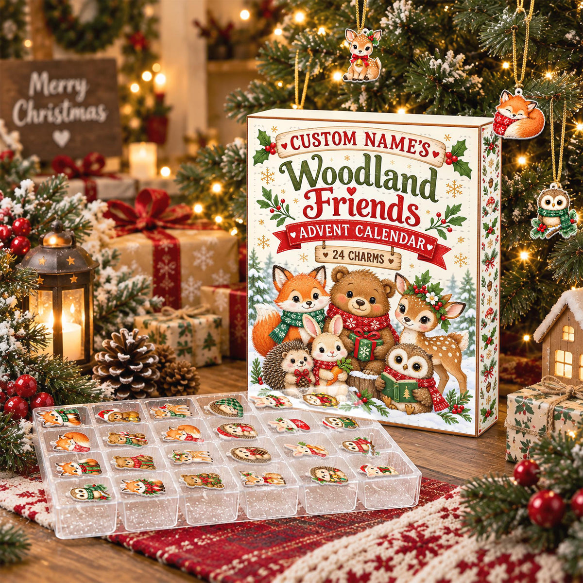 Personalized Woodland Friends Advent Calendar Box, Custom Name 24 Charm Christmas Countdown, Kids Holiday Keepsake Gift