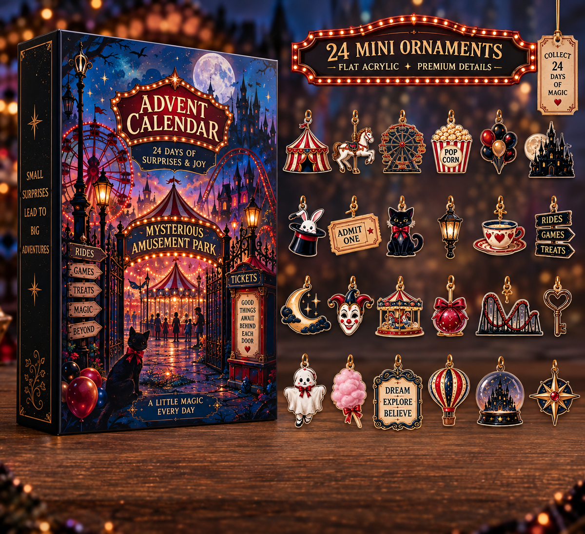 Mysterious Amusement Park Advent Calendar – 24 Mini Acrylic Ornament Charms, 24 Days of Magical Surprises, Carnival Christmas Countdown Gift