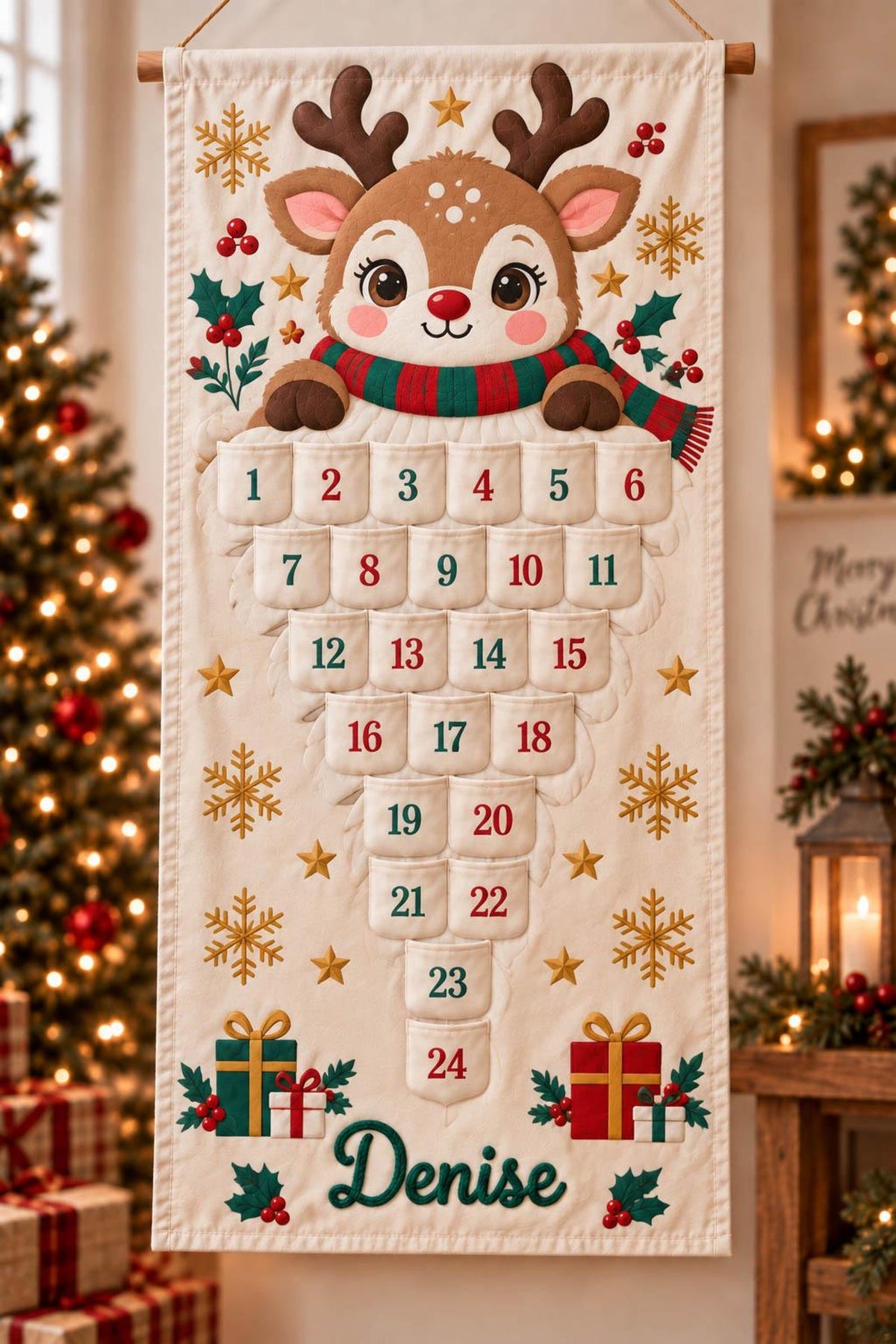 Personalized Advent Calendar with Name, 24 Pocket Christmas Countdown Wall Hanging, Printed Santa, Reindeer, Snowman, Tree, Corded Lettering