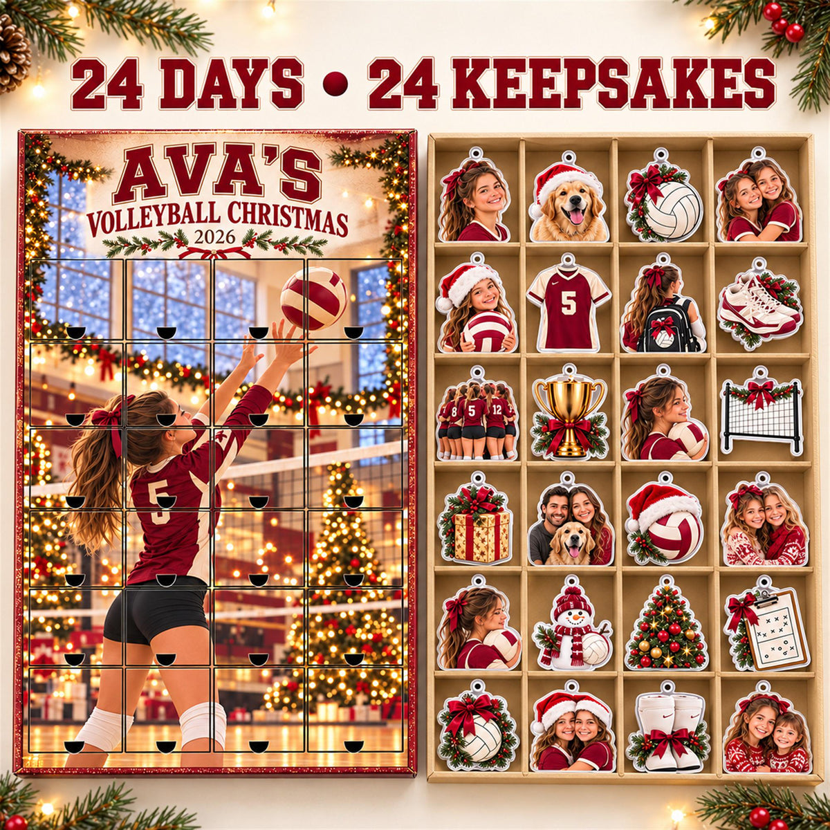 Personalized Volleyball Advent Calendar with 24 Custom Photo Acrylic Ornaments, Player Number Christmas Gift for Volleyball Family and Coach