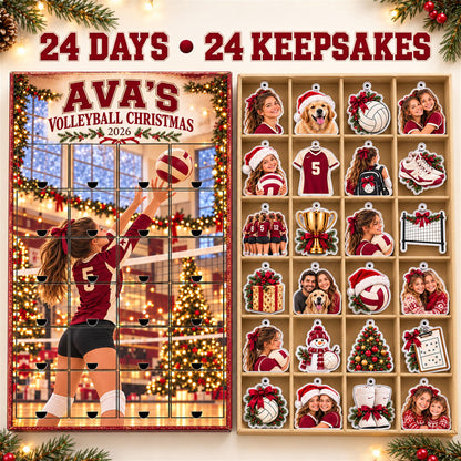 Personalized Volleyball Advent Calendar with 24 Custom Photo Acrylic Ornaments, Player Number Christmas Gift for Volleyball Family and Coach