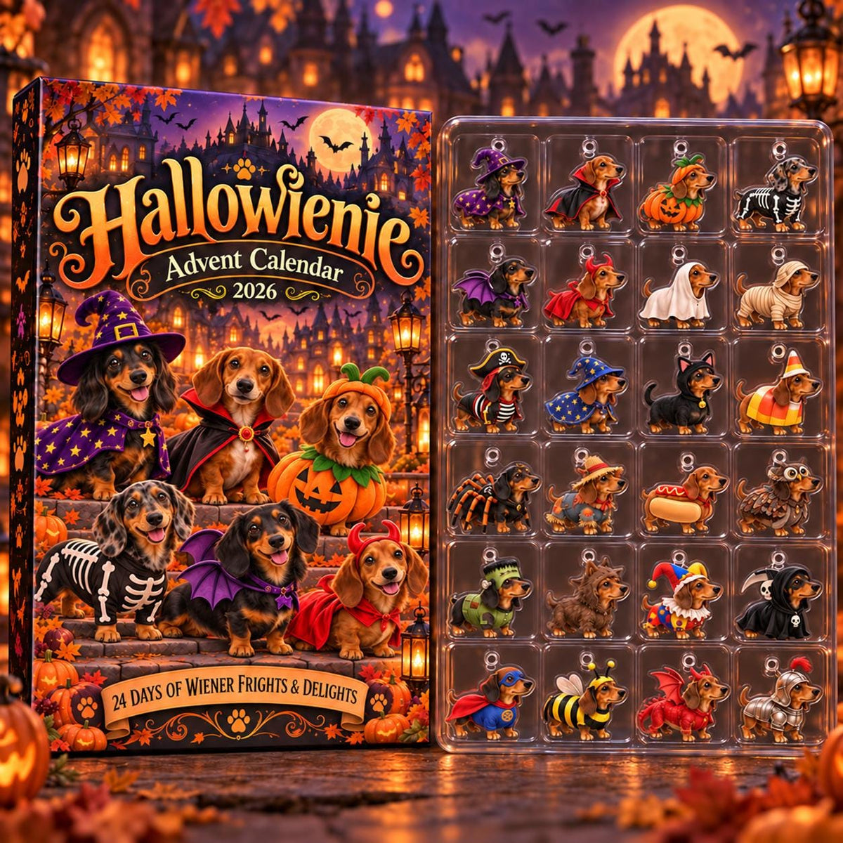 Hallowienie Dachshund Advent Calendar, 24 Halloween Costume Dog Charms, Wiener Dog Countdown Gift, Cute Doxie Halloween Decor
