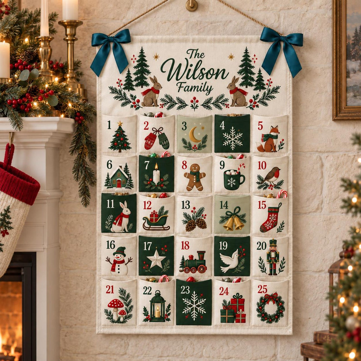 Personalized Woodland Advent Calendar, 25 Pocket Christmas Countdown, Family Name Wall Hanging