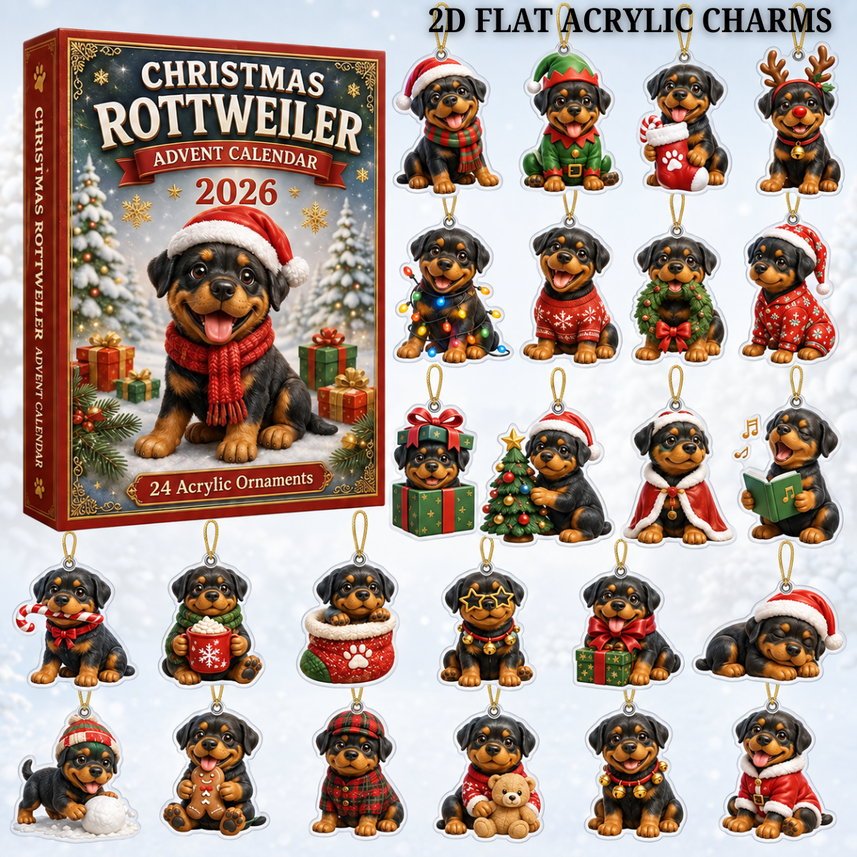 Christmas Rottweiler Advent Calendar 2026 - 24-Day Festive Countdown, Acrylic Charms Blind Box - Gift For Rottweiler Lovers