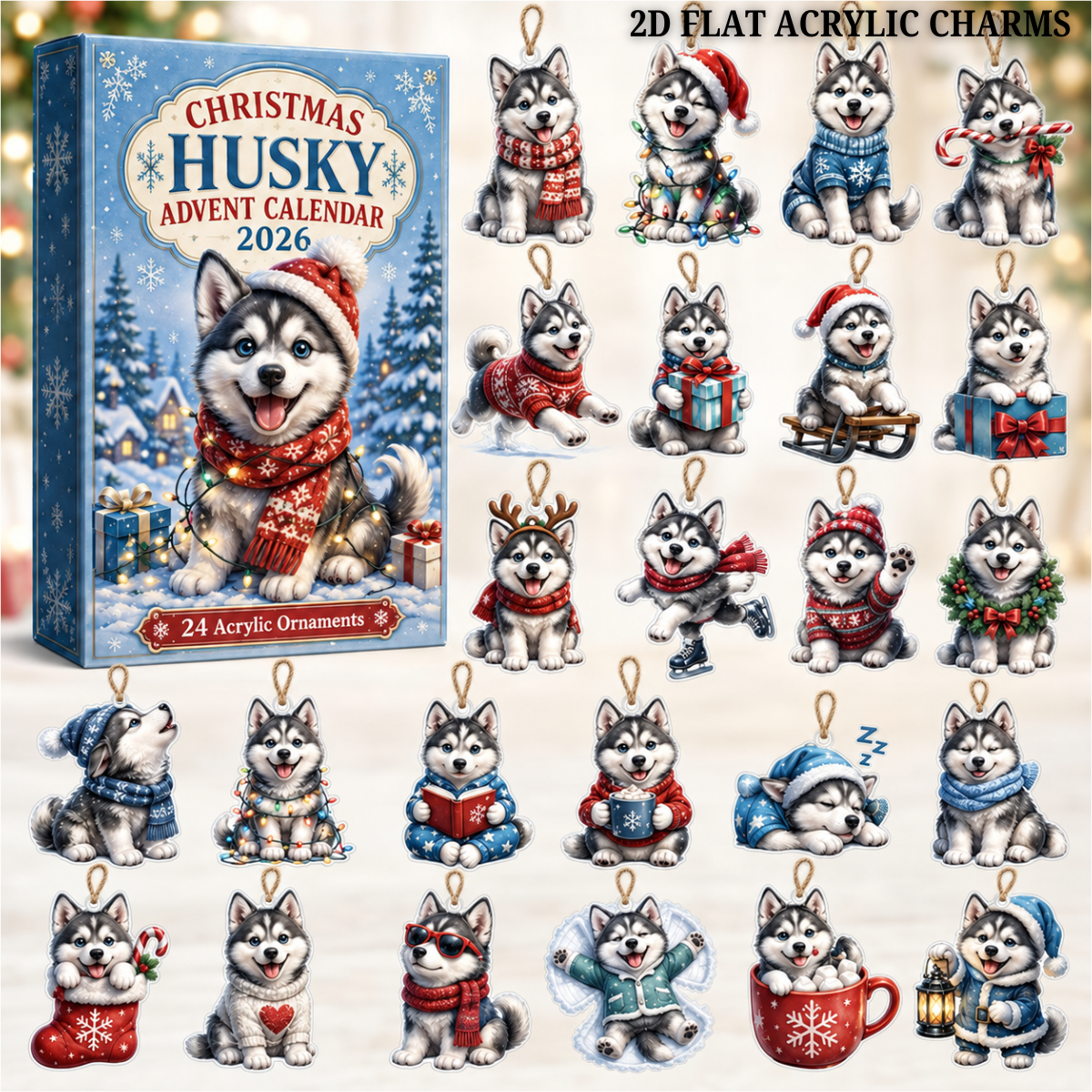 Christmas Husky Advent Calendar 2026 - 24-Day Festive Countdown, Acrylic Charms Blind Box - Gift For Husky Lovers