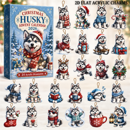 Christmas Husky Advent Calendar 2026 - 24-Day Festive Countdown, Acrylic Charms Blind Box - Gift For Husky Lovers