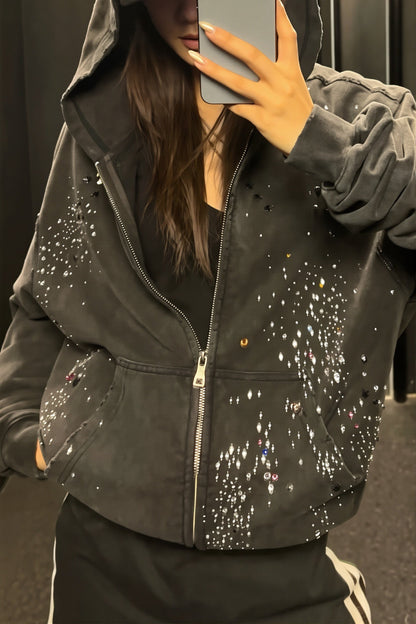 Rhinestone Washed Zip Hoodie