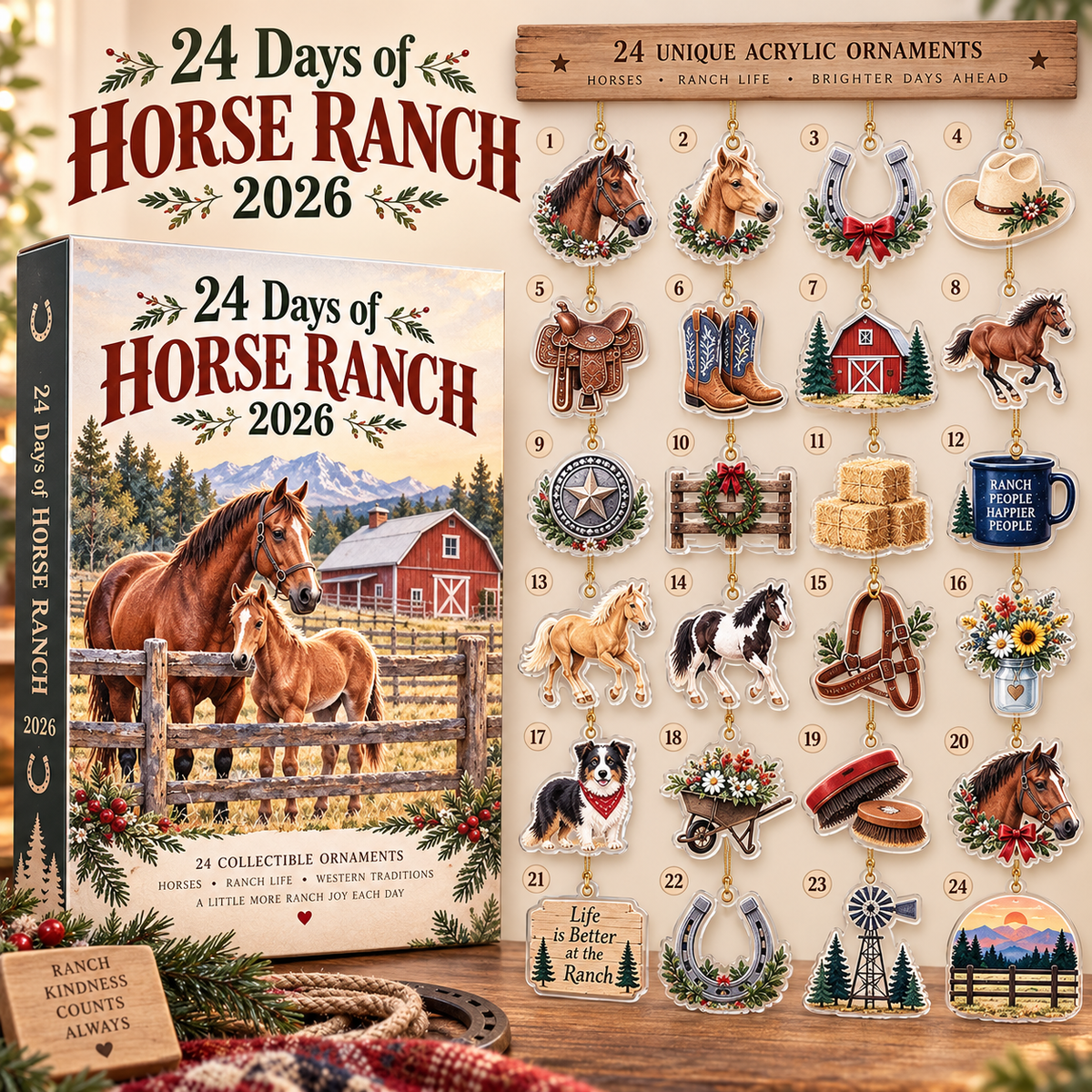 Horse Ranch Advent Calendar 2026, 24 Day Christmas Countdown, Western Horse Ornaments, Cowboy Ranch Decor, Equestrian Horse Lover Gift