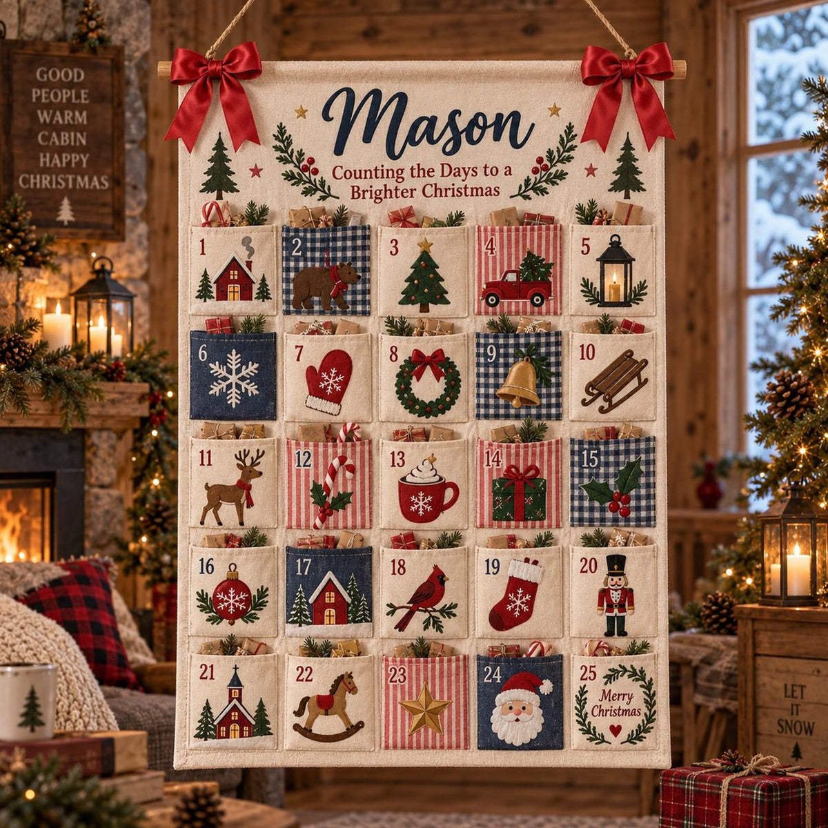 Personalized Fabric Advent Calendar, 25-Pocket Fabric Countdown Organizer, Kids Advent Calendar, Reusable Wall Hanging, Christmas Decor