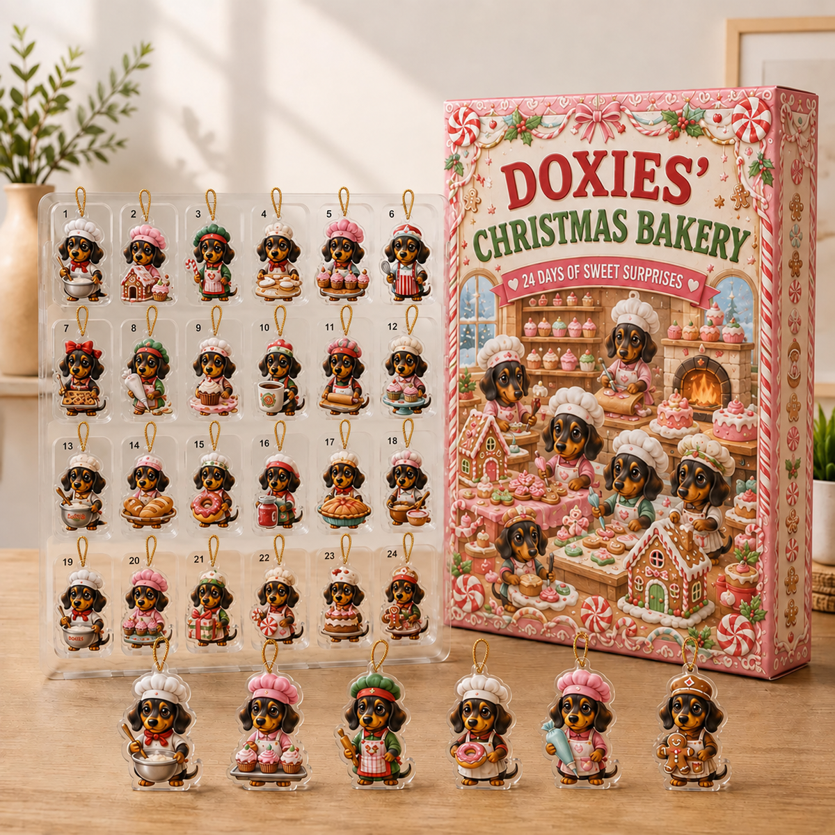 Dachshund Christmas Bakery Advent Calendar: 24 Flat Acrylic or Wood Charms