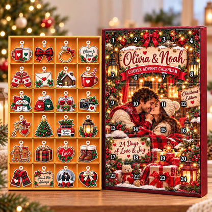 Personalized Couple Christmas Advent Calendar 2026, Custom Couple Name Blind Box,24 Day Countdown Holiday Love Xmas Ornament Set for Couples