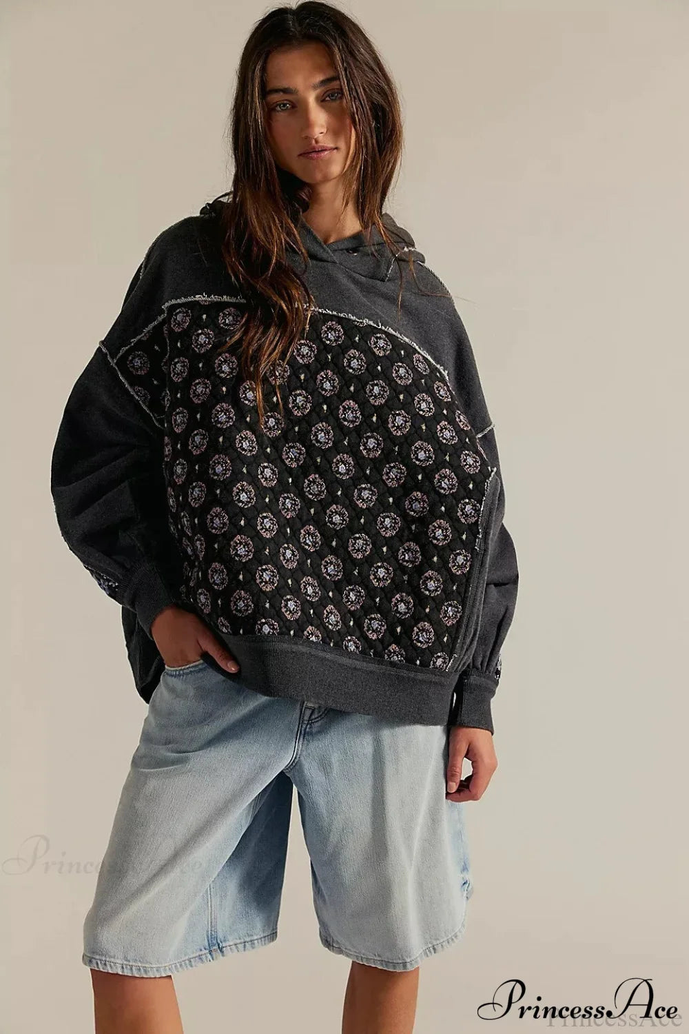 Embroidered Panel Design Casual Pullover Hoodie