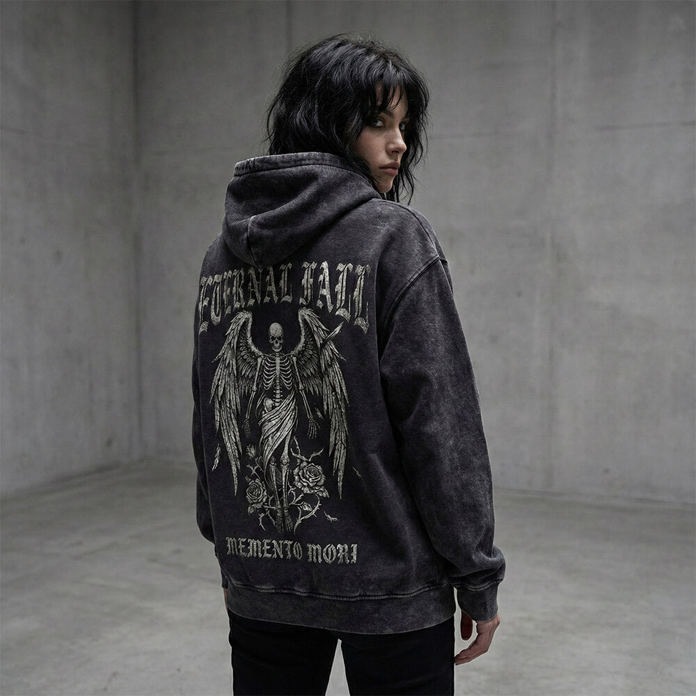 Eternal Fall Angel Skull Vintage Washed Biker Hoodie