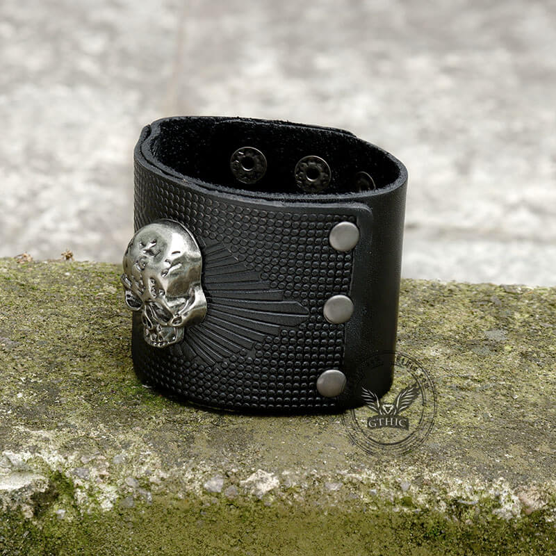 Exaggerated Skull Wide Leather Wristband Bracelet
