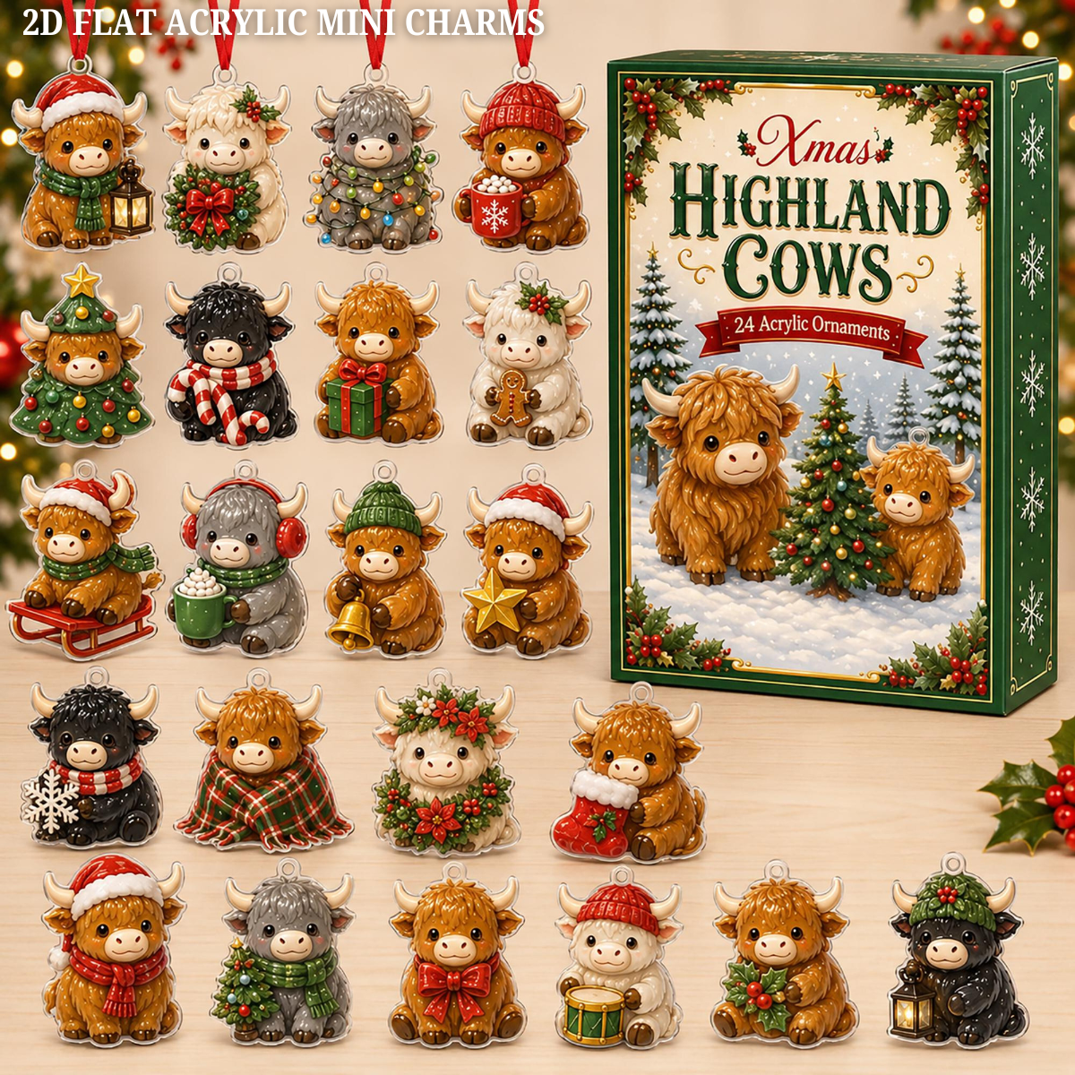 Highland Cow Christmas Advent Calendar: 24 Acrylic or Wood Ornaments