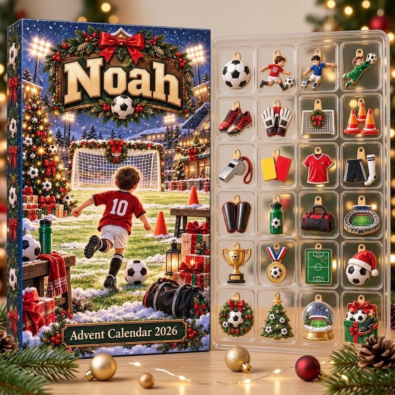 Personalized Soccer Advent Calendar 2026, 24 Football Charms, Custom Name Christmas Countdown Gift for Soccer Players