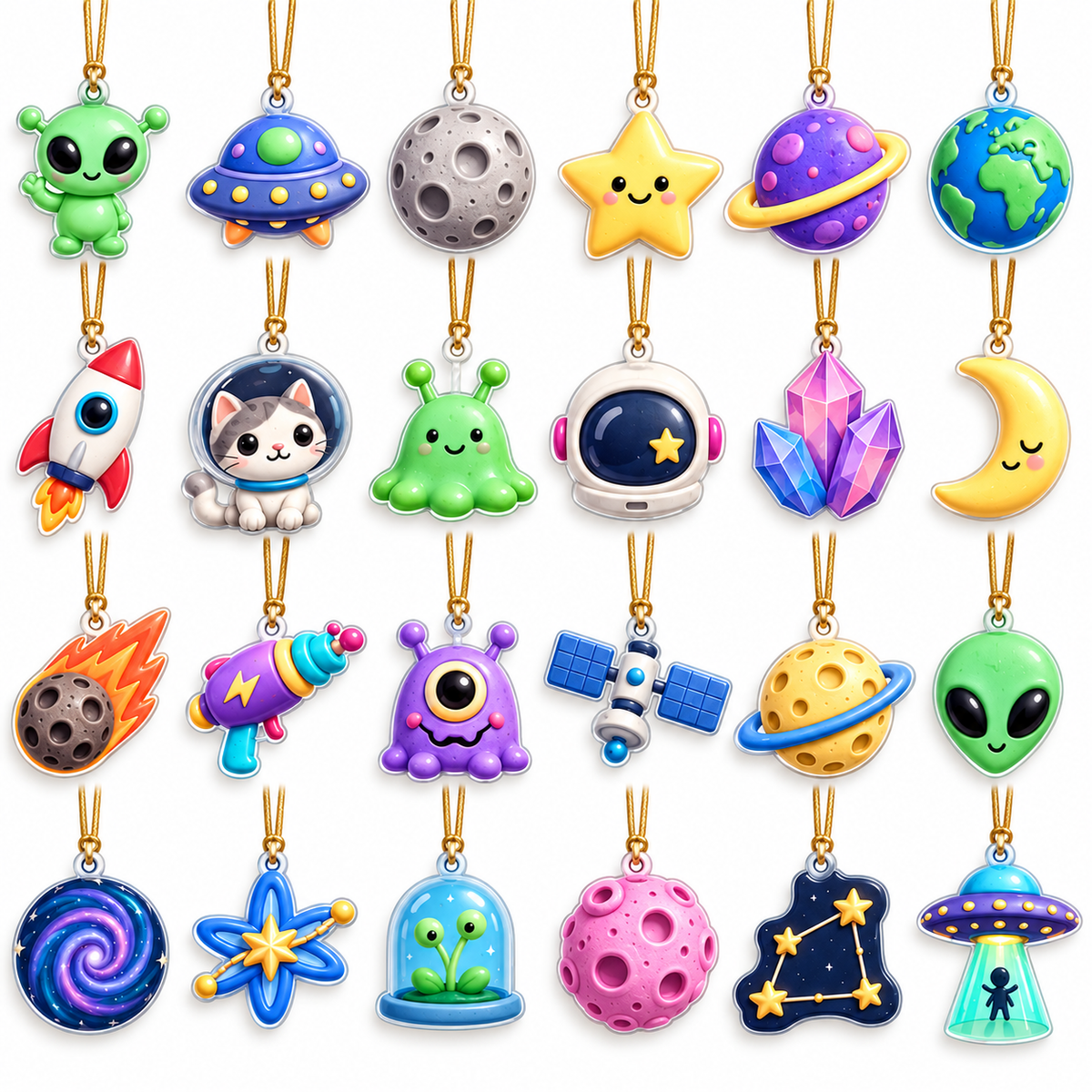 Alien Advent Calendar 2026 – 24 Mini Space Ornaments with Hanging Strings, Cute Alien UFO Planet Charms, Christmas Countdown Gift for Kids & Space Lovers