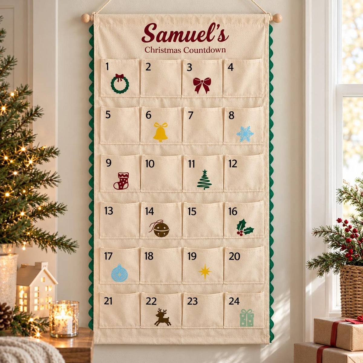 Personalized Fabric Advent Calendar, Custom Name Christmas Countdown, Reusable Wall Hanging