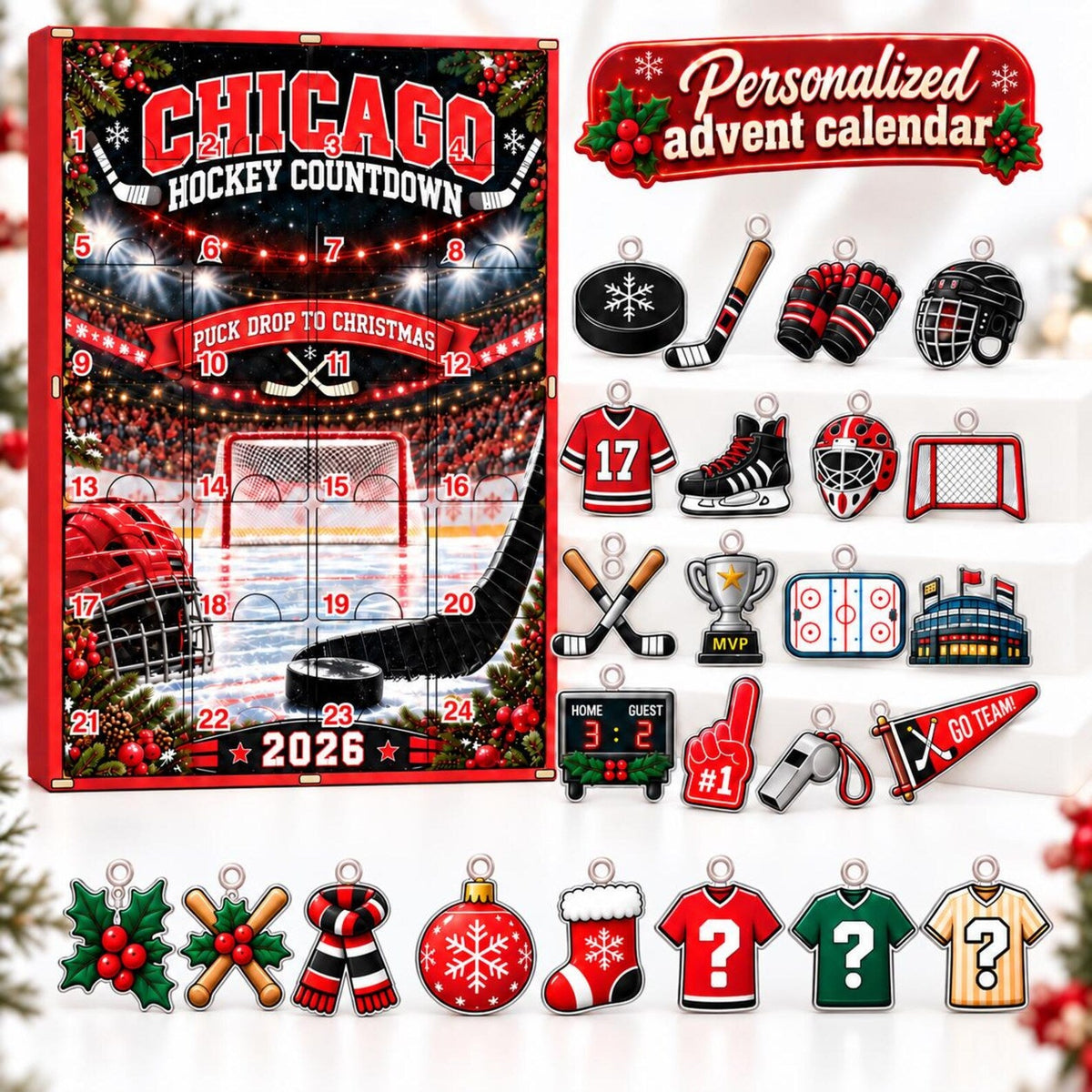 Personalized Hockey Advent Calendar, Wooden Christmas Countdown with Acrylic Charms, Custom Golfer Gift, Golf Lover Christmas Gift