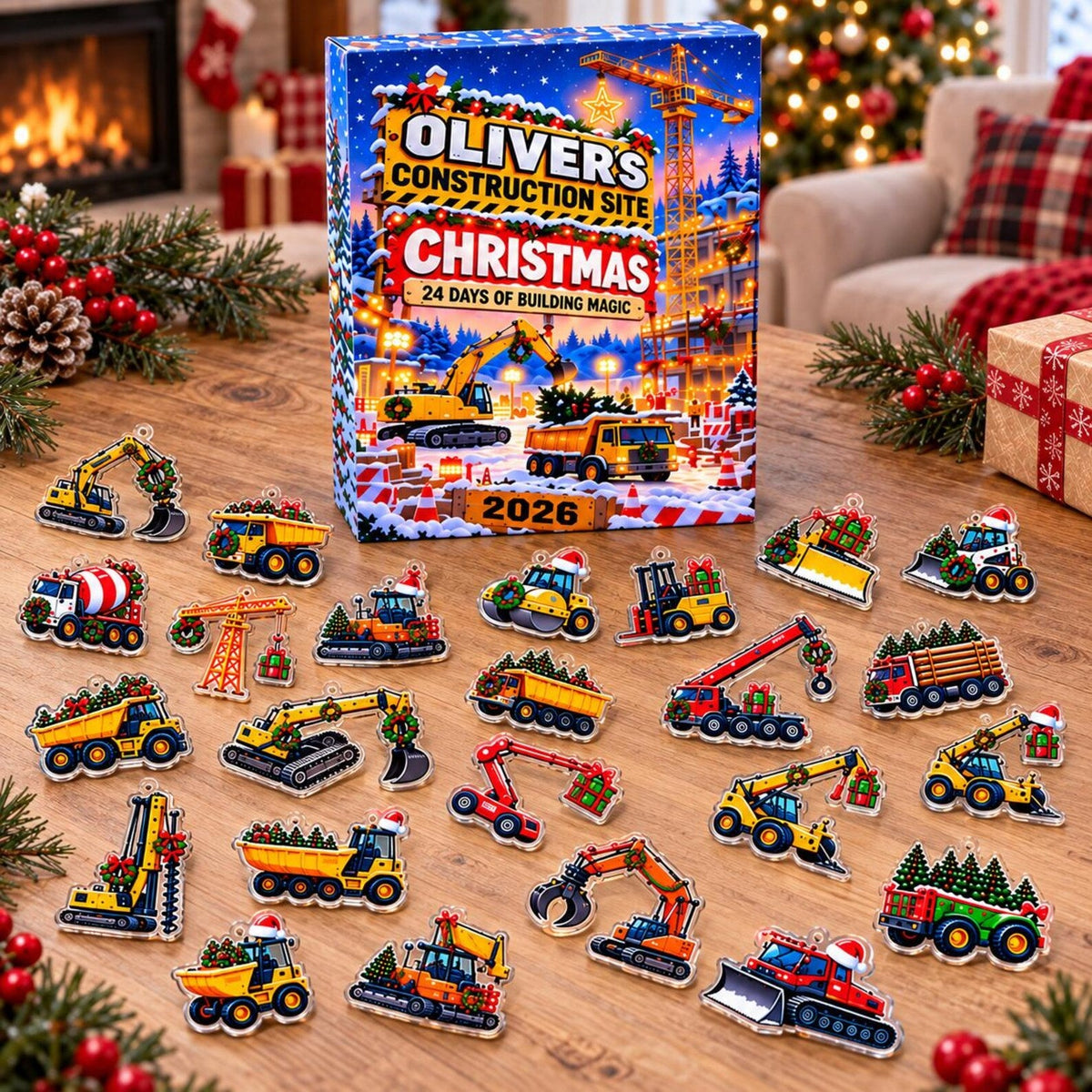 Personalized Construction Vehicle Advent Calendar 2026, Christmas Truck Countdown, Excavator and Digger Ornaments, Fun Holiday Gift for Boys