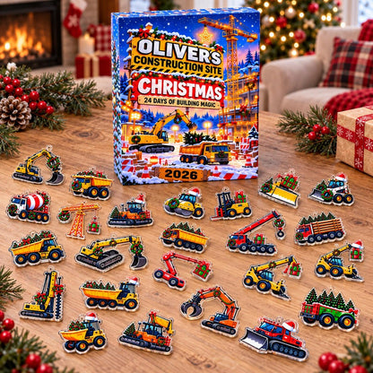 Personalized Construction Vehicle Advent Calendar 2026, Christmas Truck Countdown, Excavator and Digger Ornaments, Fun Holiday Gift for Boys