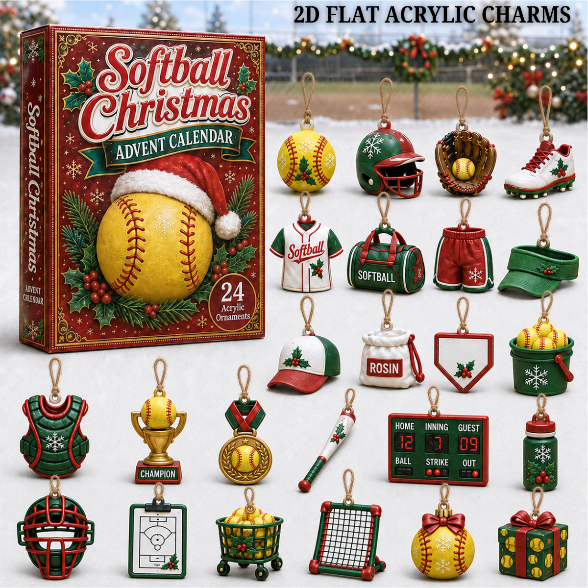 Softball Christmas Advent Calendar 2026 - 24-Day Festive Countdown, Acrylic Charms Blind Box - Gift For Softball Lovers