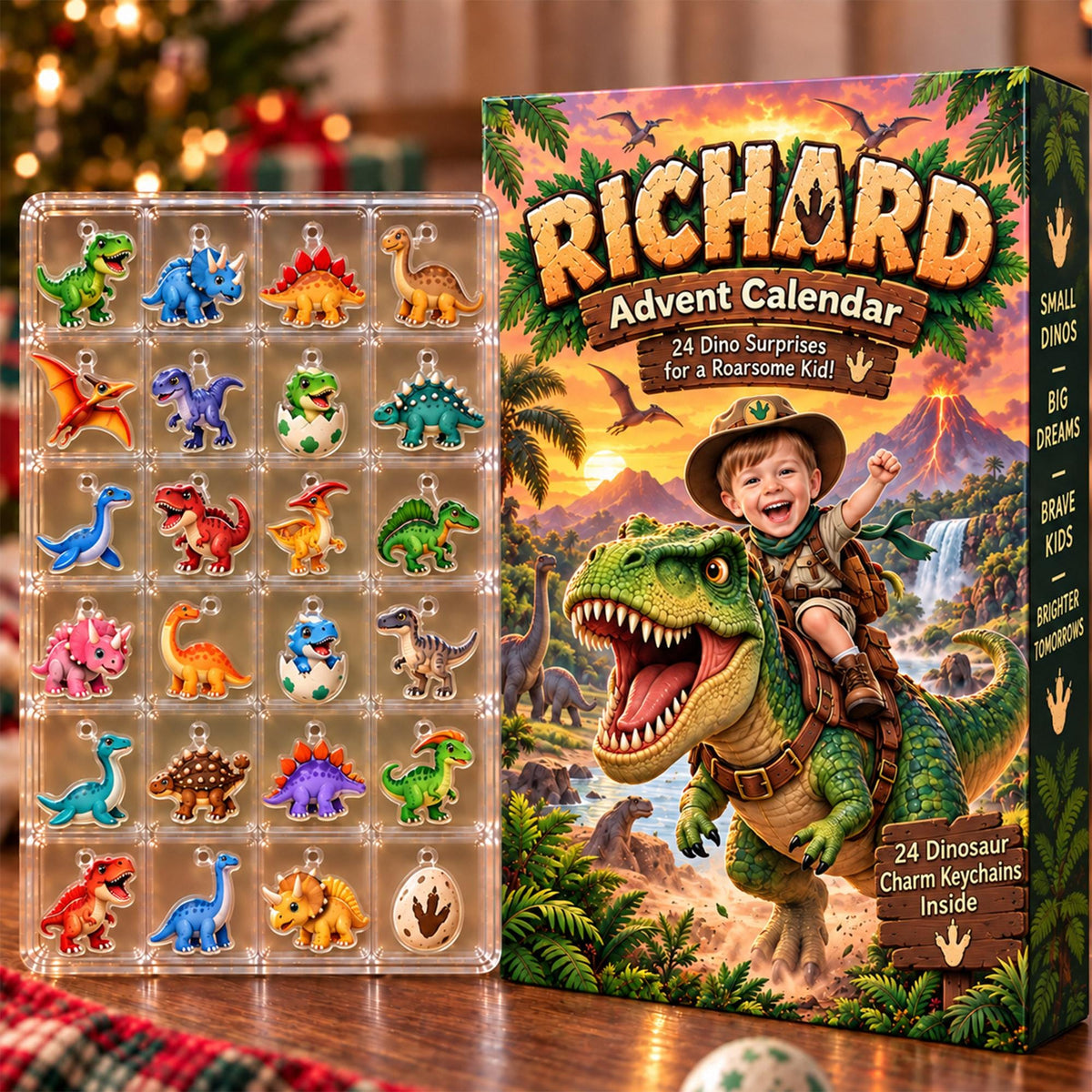 Personalized Dinosaur Advent Calendar, Custom Photo & Name, 24 Acrylic Dino Ornaments