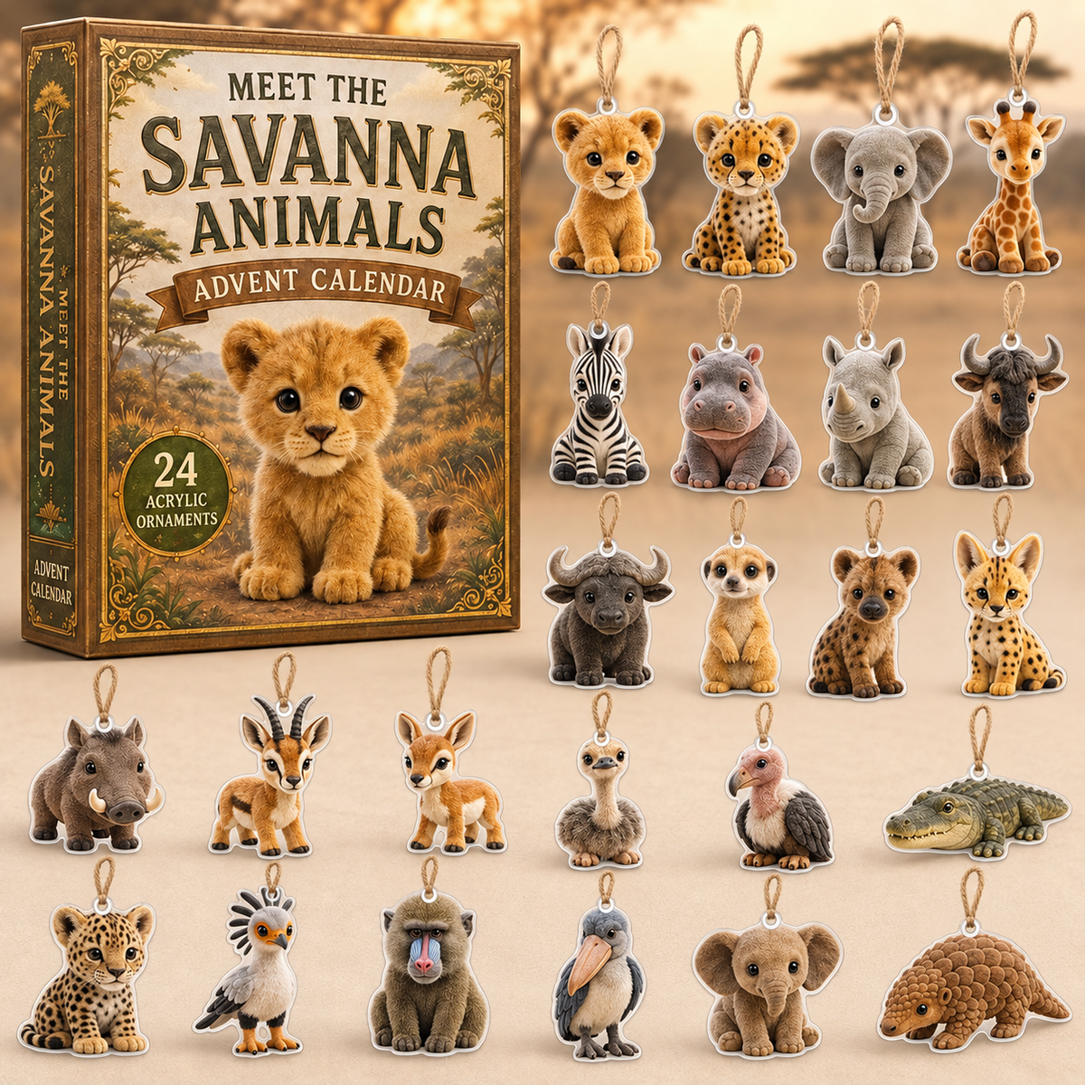 Savanna Animals Life Advent Calendar 2026 - 24-Day Festive Countdown, Acrylic Charms Blind Box - Gift For Animal Lovers